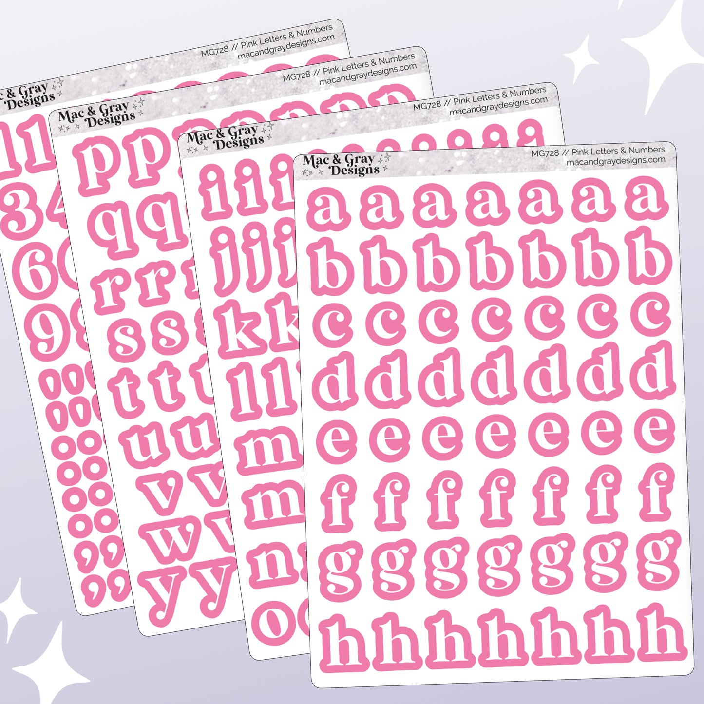 Pink letter and number stickers by Mac & Gray Designs on a light purple background.