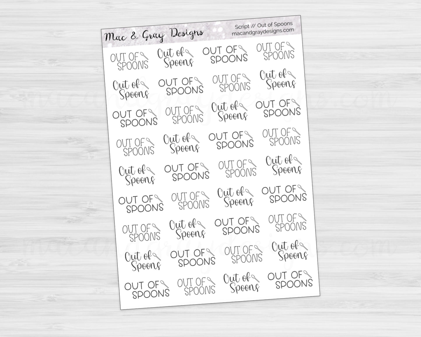 Out Of Spoons | Spoonie Script Stickers