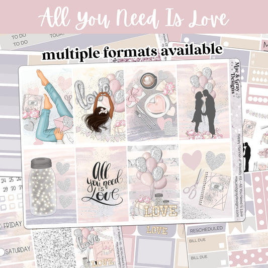 Collection of 'All You Need Is Love' themed planner stickers with various designs and text.