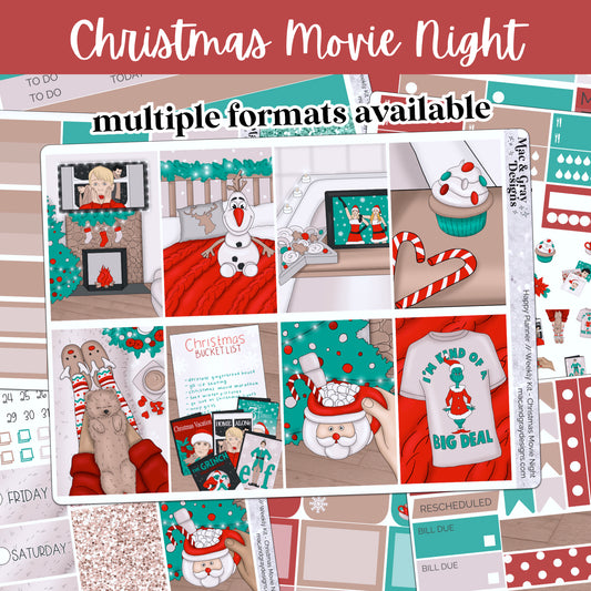 Christmas Movie Night // Weekly Kit for Standard Vertical Planners, Happy Planner (Mini, Classic, Big), Hobonichi Weeks, Passion Planner & Scrapbooks