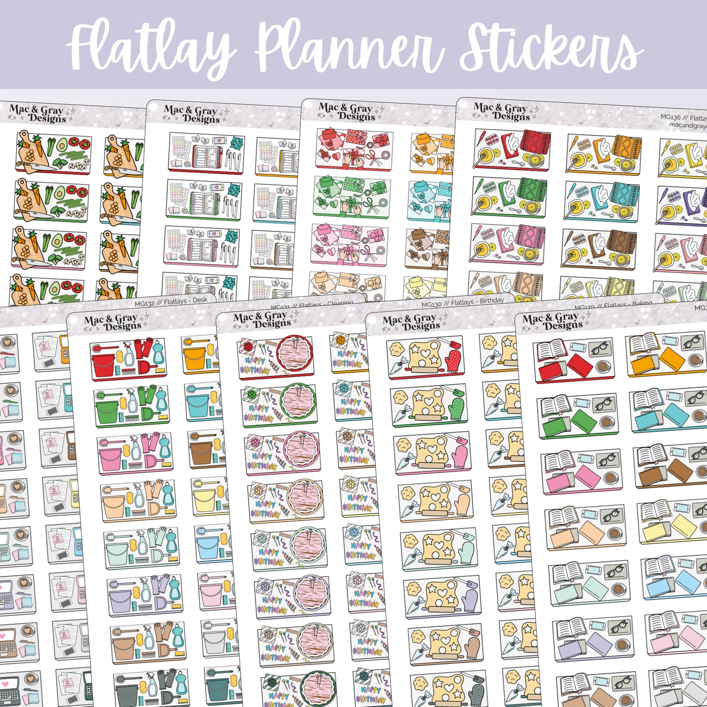 Flatlay Stickers // Baking, Birthday, Books, Cleaning, Desk, Meal Prep, Planner, Presents, Sick Day
