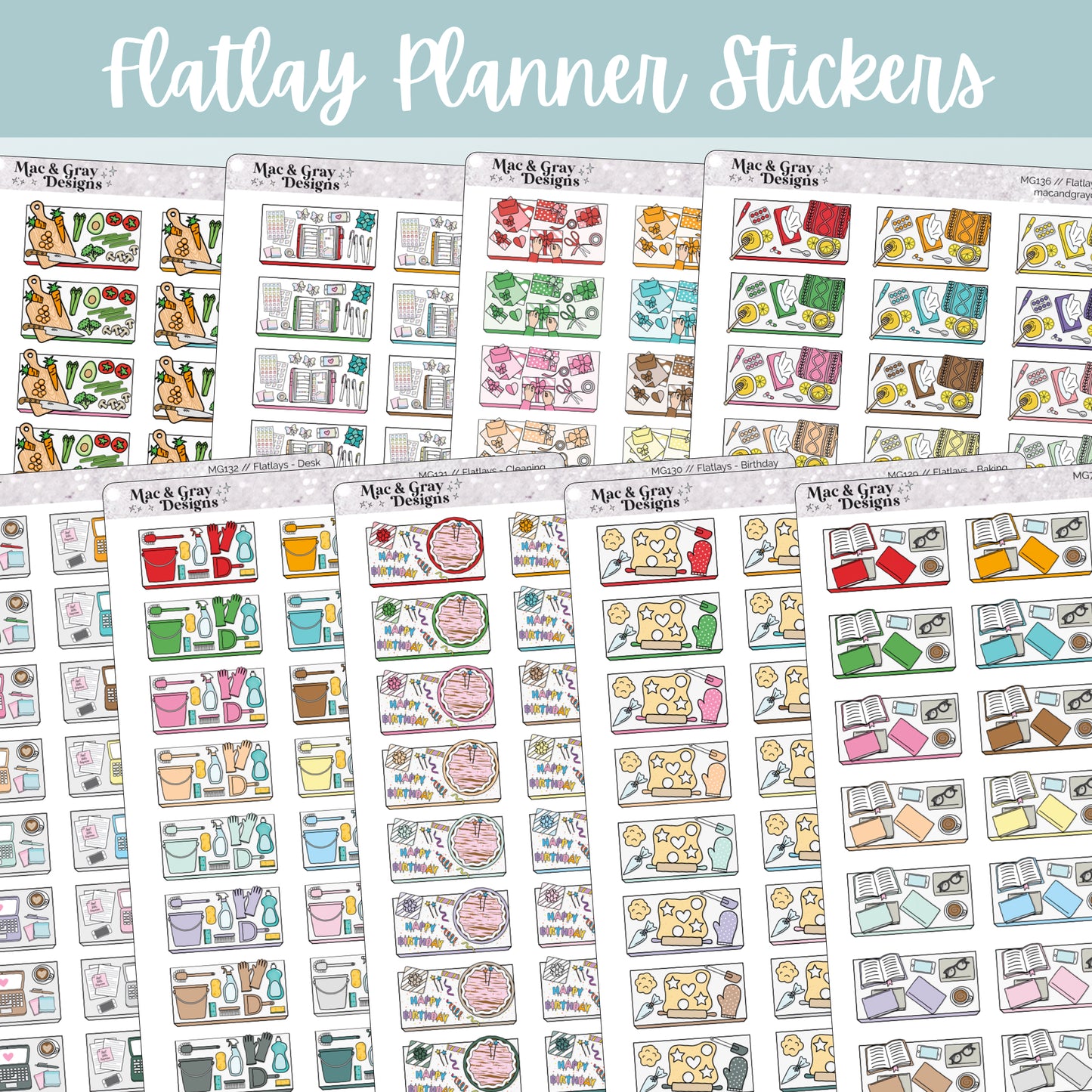 Flatlay Stickers // Baking, Birthday, Books, Cleaning, Desk, Meal Prep, Planner, Presents, Sick Day