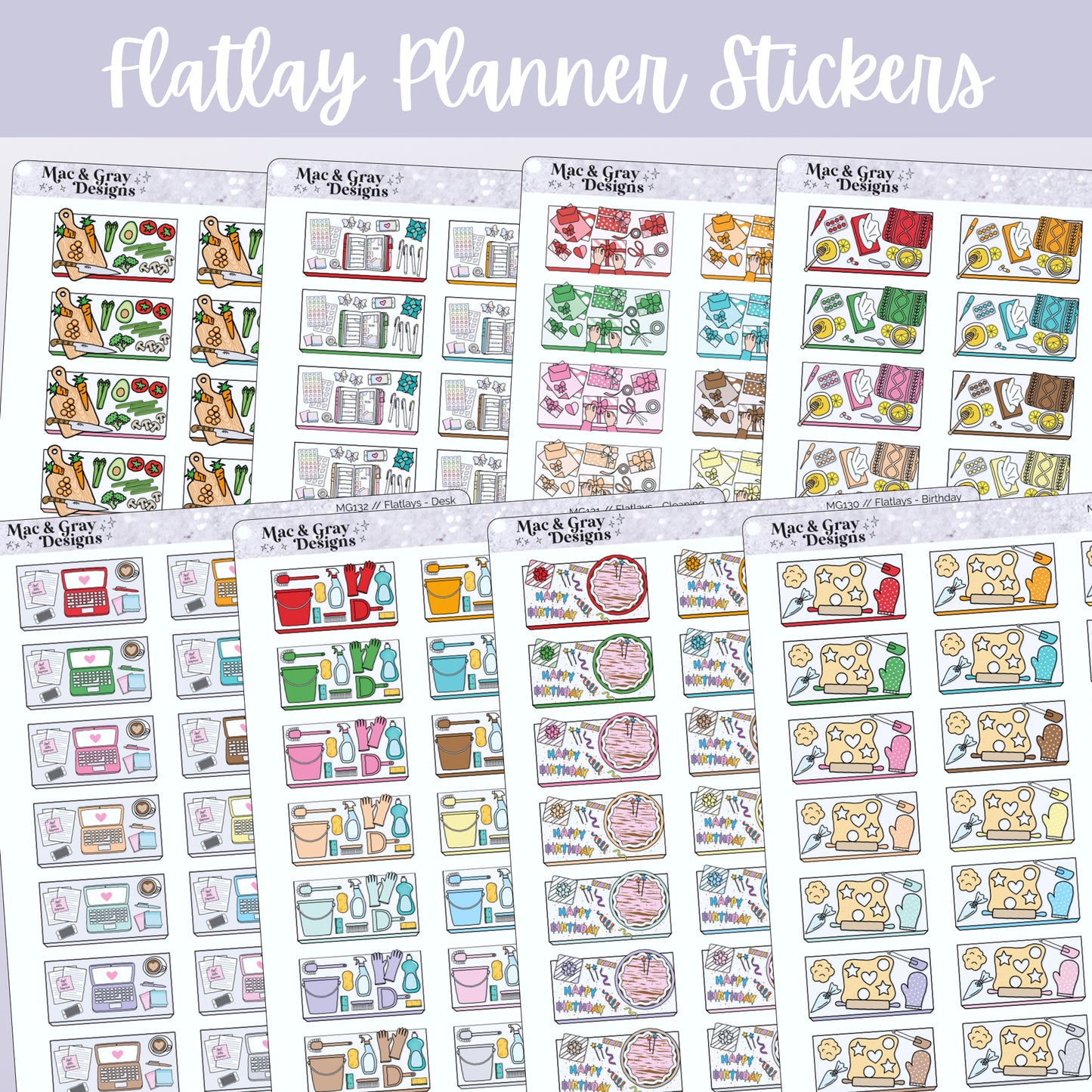 Flatlay Stickers // Baking, Birthday, Cleaning, Desk, Meal Prep, Planner, Presents, Sick Day