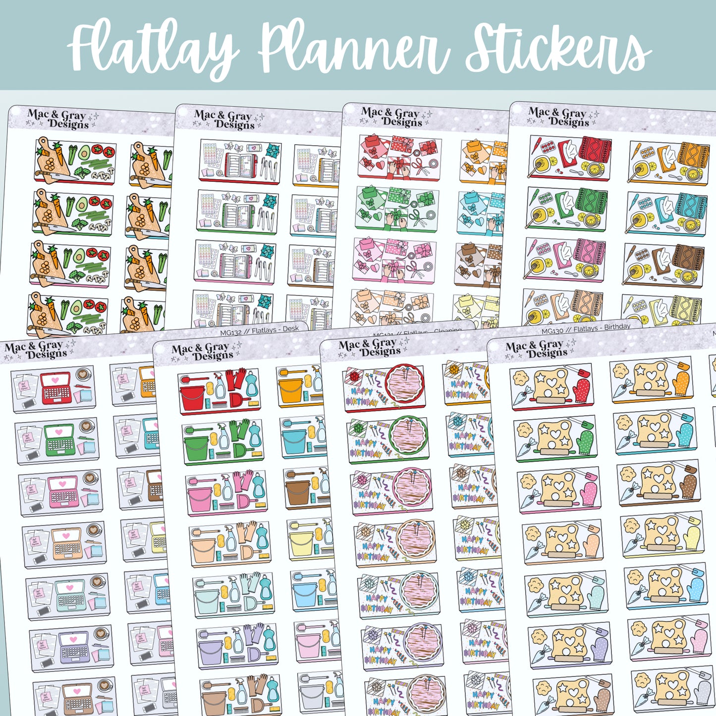 Flatlay Stickers // Baking, Birthday, Cleaning, Desk, Meal Prep, Planner, Presents, Sick Day