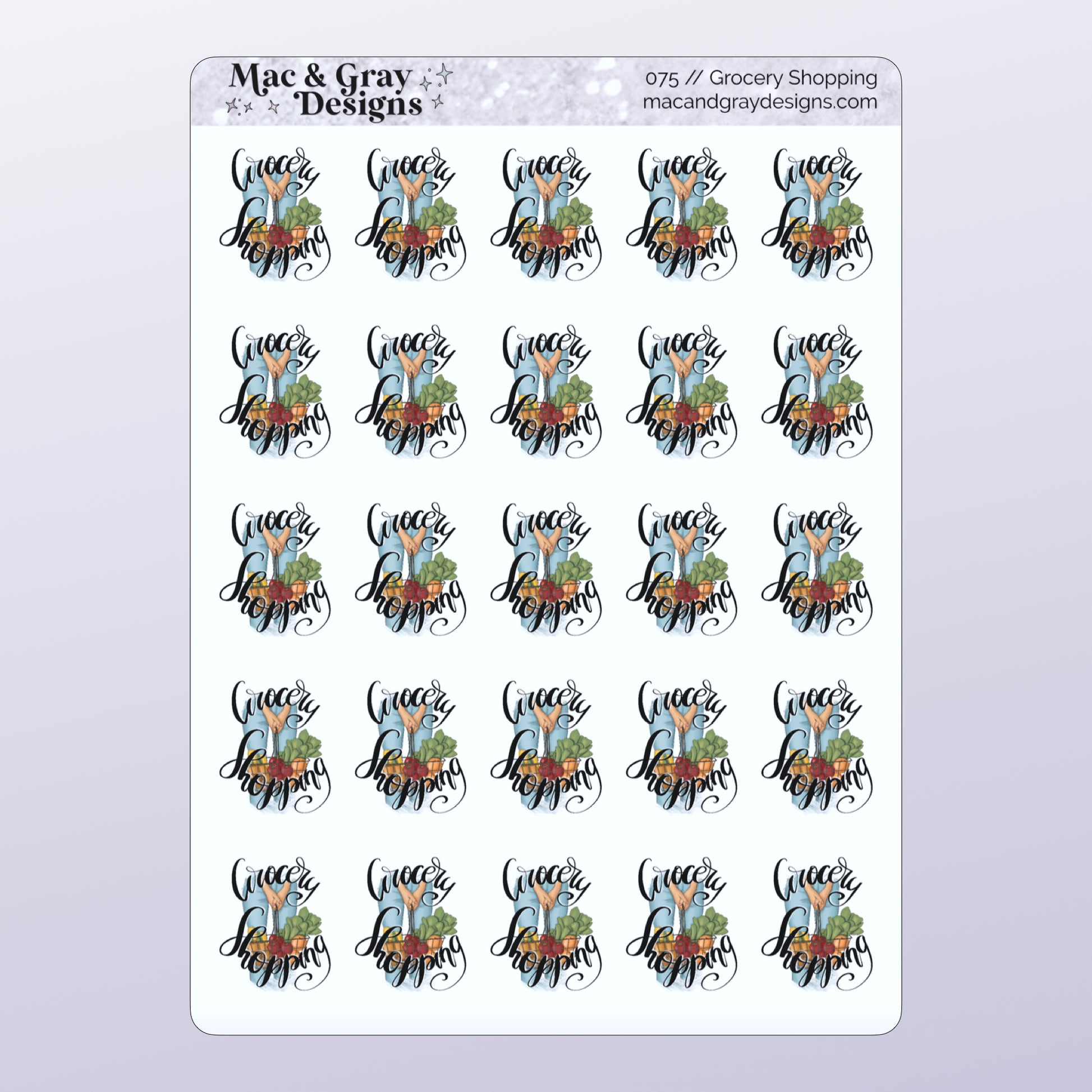 Cute grocery shopping stickers. Each individual sticker features a woman holding grocery bags filled with fruit and vegetables with the cursive text "grocery shopping" around the image.