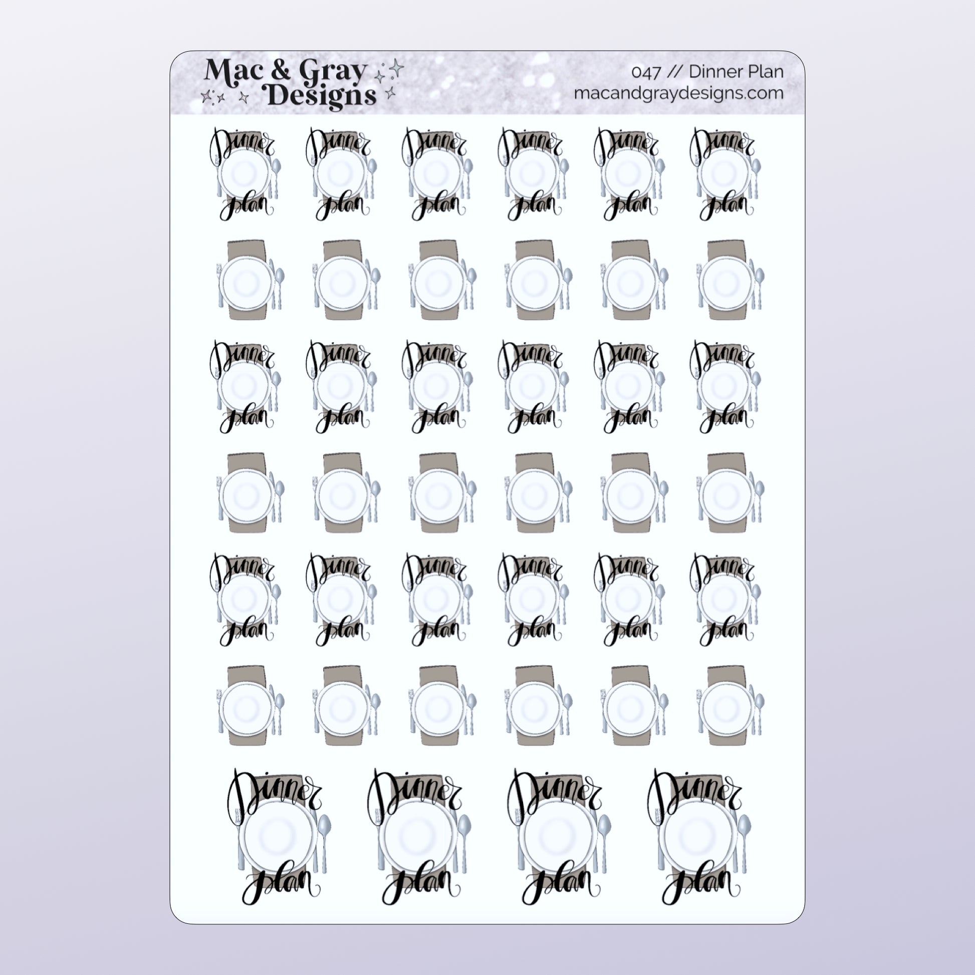 Dinner Plan stickers - each individual sticker features an image with a placemat and dinner plate. Alternating stickers feature the words "dinner plan" in cursive font on top of the image.