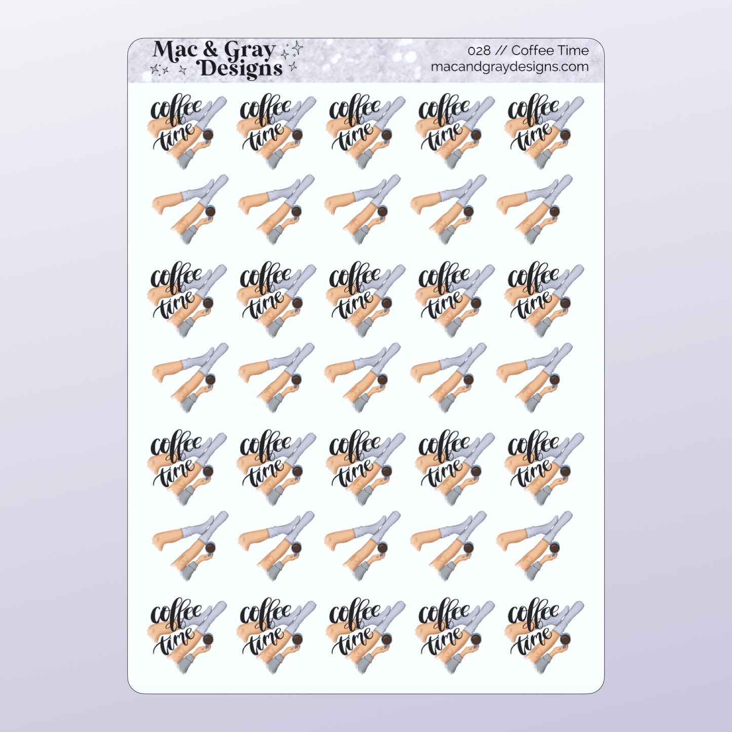 A sticker sheet that features a hand drawn style image of legs and a hand holding a coffee cup. This image features on every individual sticker with some featuring the words "coffee time" in a cursive font on top of the image.