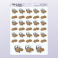 A sheet of cookie stickers. There are a mix of stickers with three hand-drawn cookies in a stacked formation. Other stickers feature the same image with curve font saying "bake it" around the cookies.