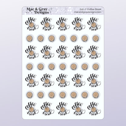 A sheet of stickers with a top view of coffee cups. Each sheet has a mixture of plain overhead coffee cup stickers and the same image with coffee break written around it in a cursive font.