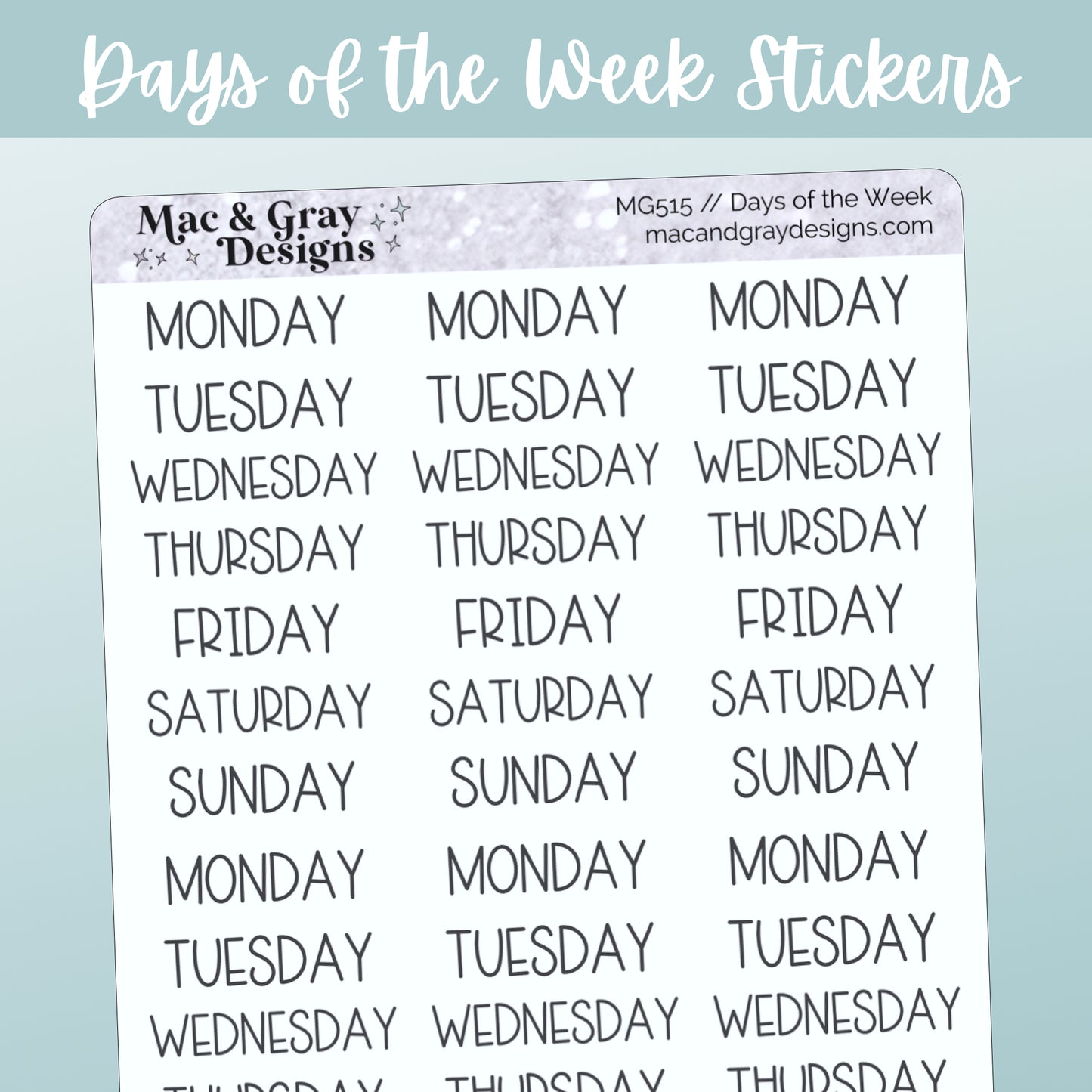 Days of the Week Planner Stickers // Journal Script Stickers ...