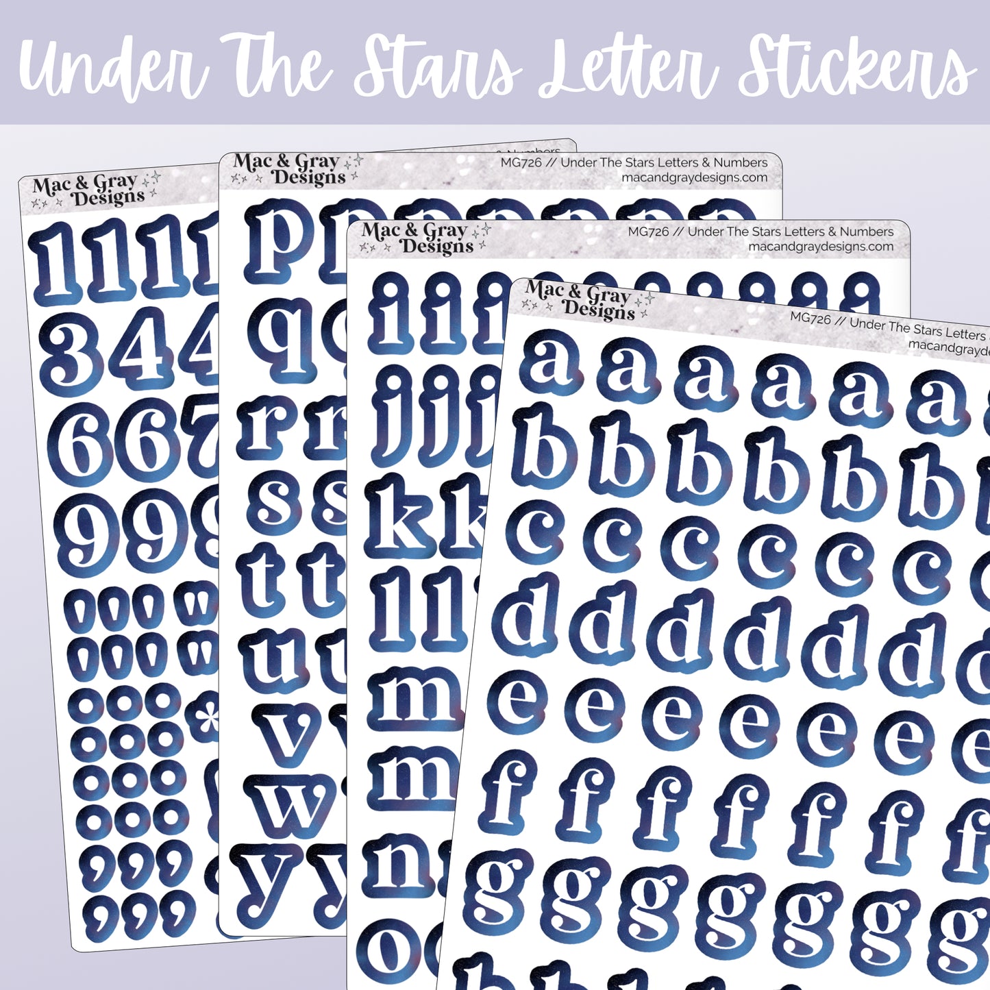 A mockup of 4 journalling sheets with letters and numbers in white, surrounded by a blue celestial texture.