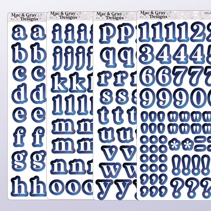 A mockup of 4 journalling sheets with letters and numbers in white, surrounded by a blue celestial texture.
