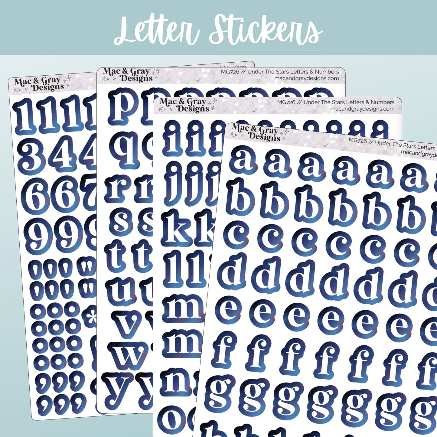 A mockup of 4 journalling sheets with letters and numbers in white, surrounded by a blue celestial texture.