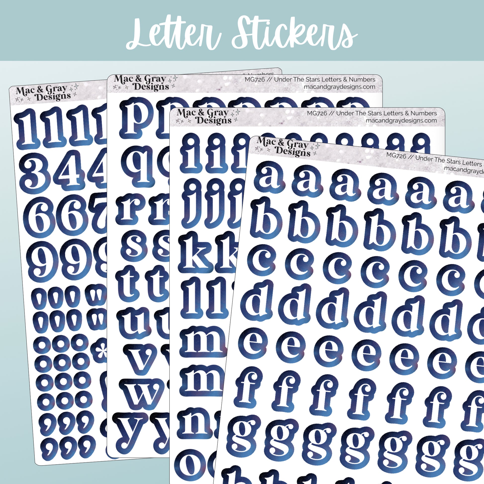 A mockup of 4 journalling sheets with letters and numbers in white, surrounded by a blue celestial texture.