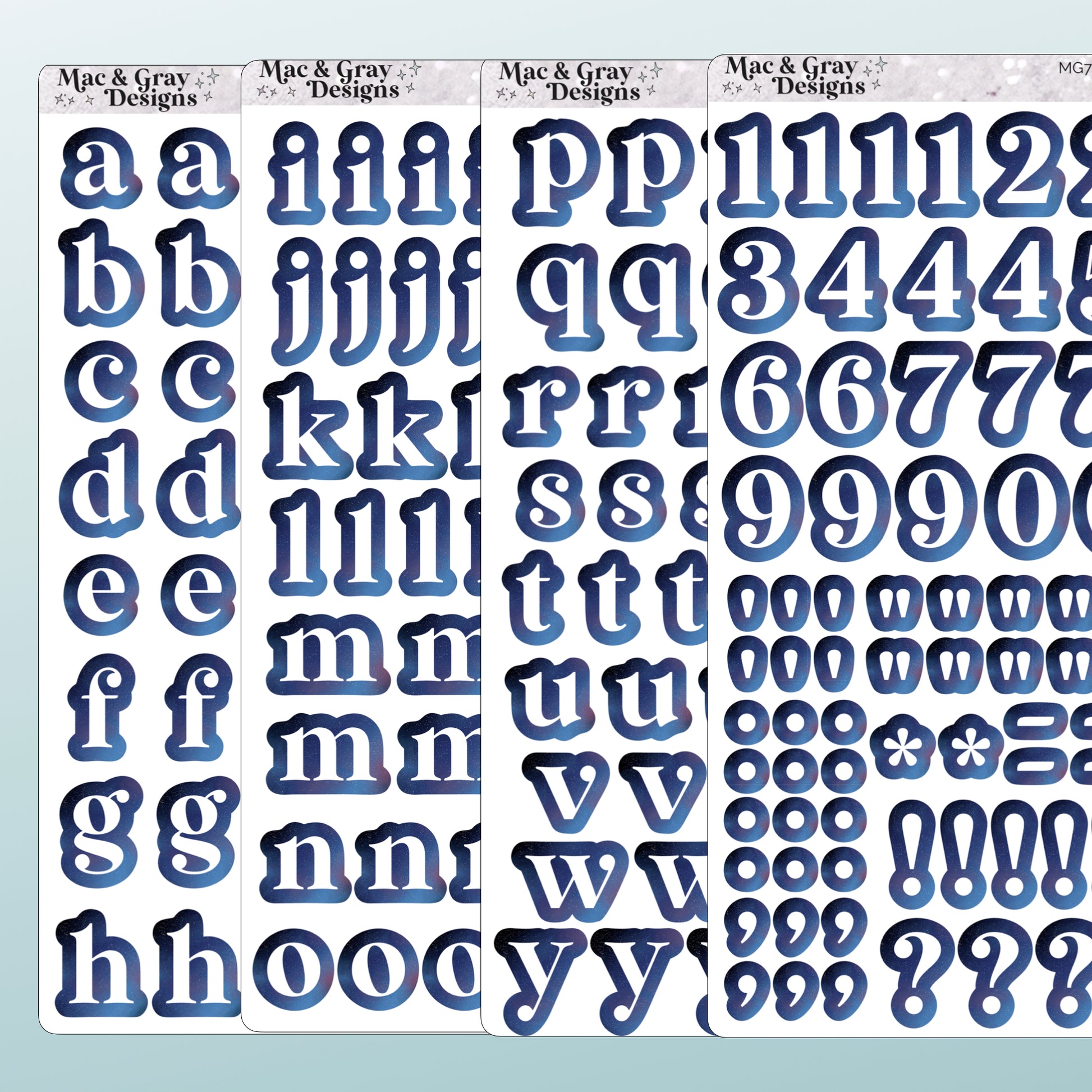 A mockup of 4 journalling sheets with letters and numbers in white, surrounded by a blue celestial texture.