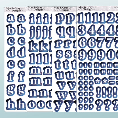 A mockup of 4 journalling sheets with letters and numbers in white, surrounded by a blue celestial texture.