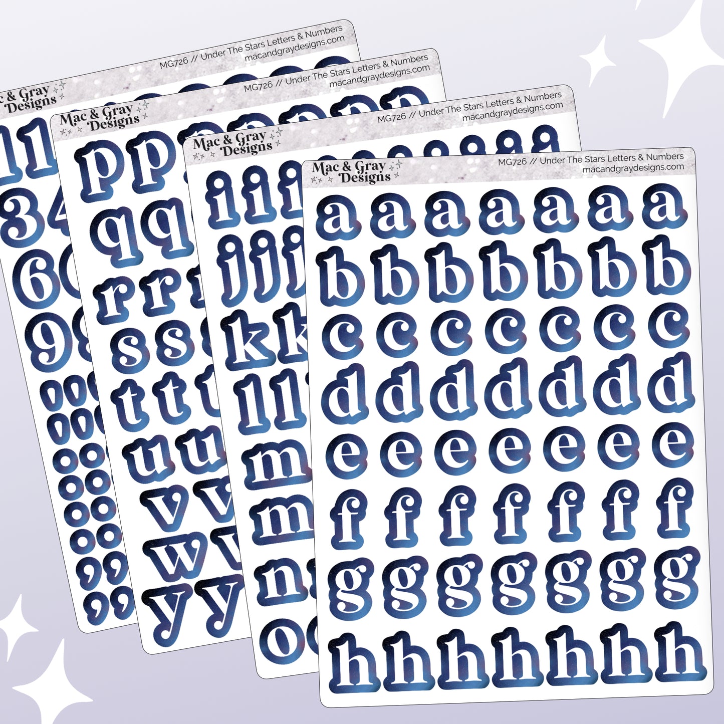 A mockup of 4 journalling sheets with letters and numbers in white, surrounded by a blue celestial texture.
