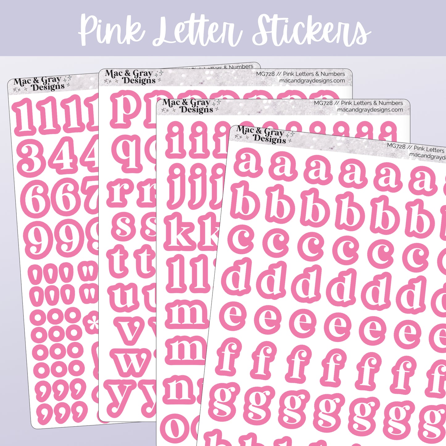 Pink letter stickers from Mac & Gray Designs on a light purple background