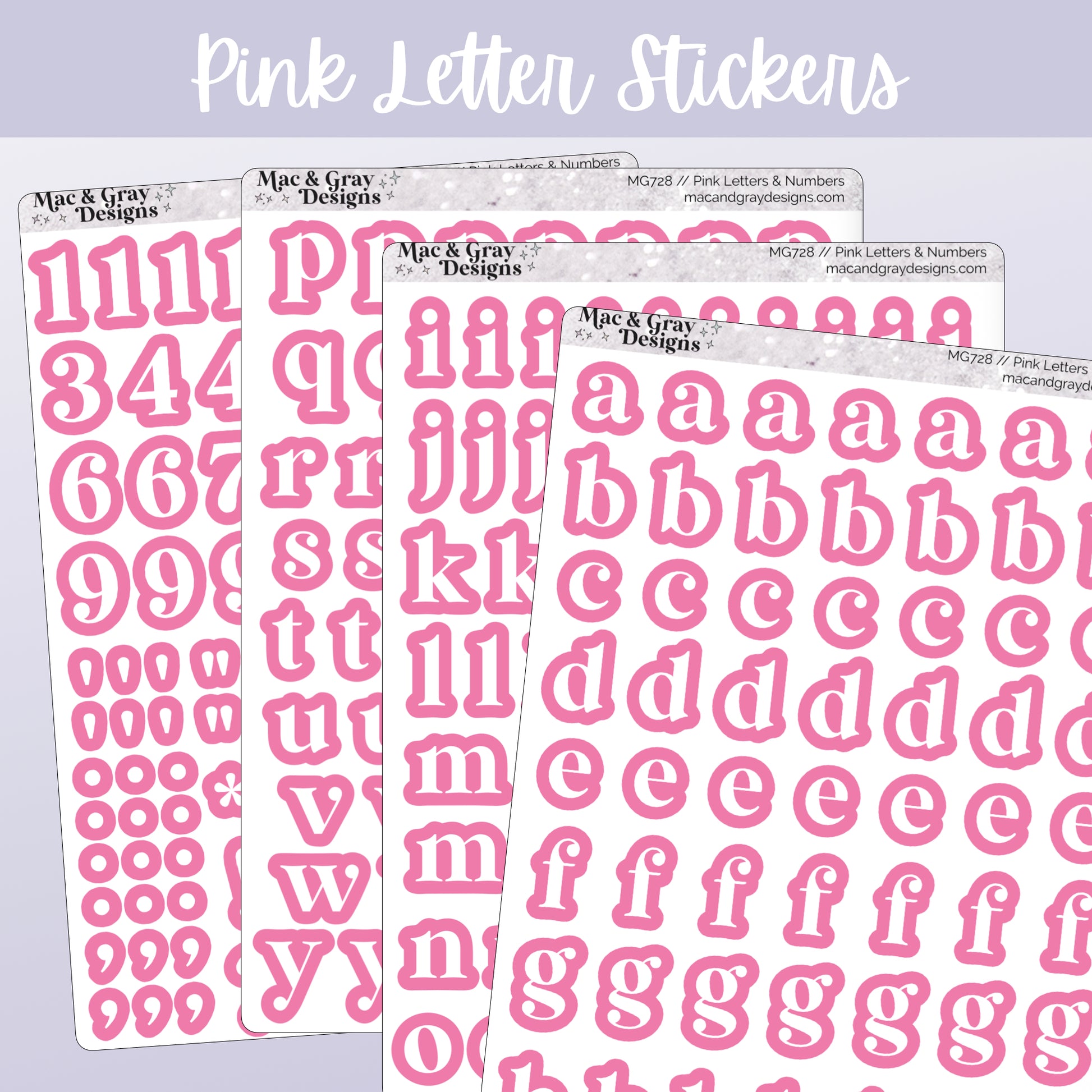 Pink letter stickers from Mac & Gray Designs on a light purple background
