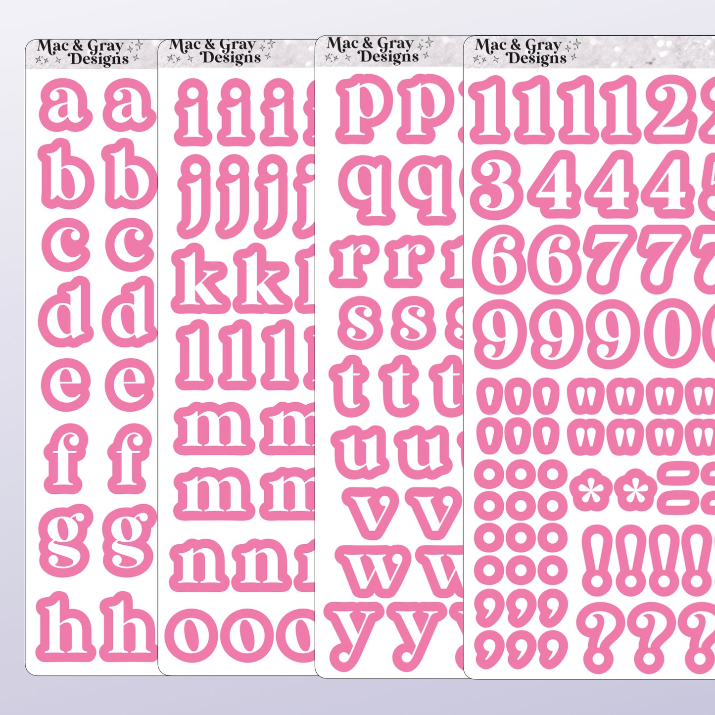 Set of pink letter and number stickers by Mac & Gray Designs on a light purple background.