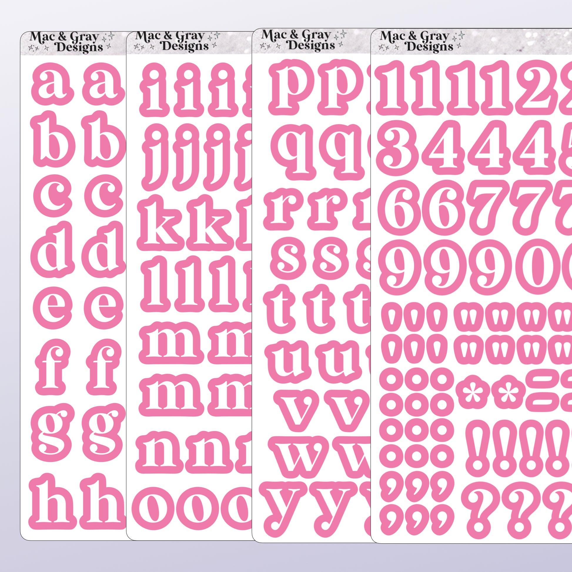 Set of pink letter and number stickers by Mac & Gray Designs on a light purple background.