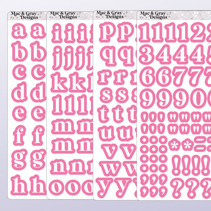 Set of pink letter and number stickers by Mac & Gray Designs on a light purple background.