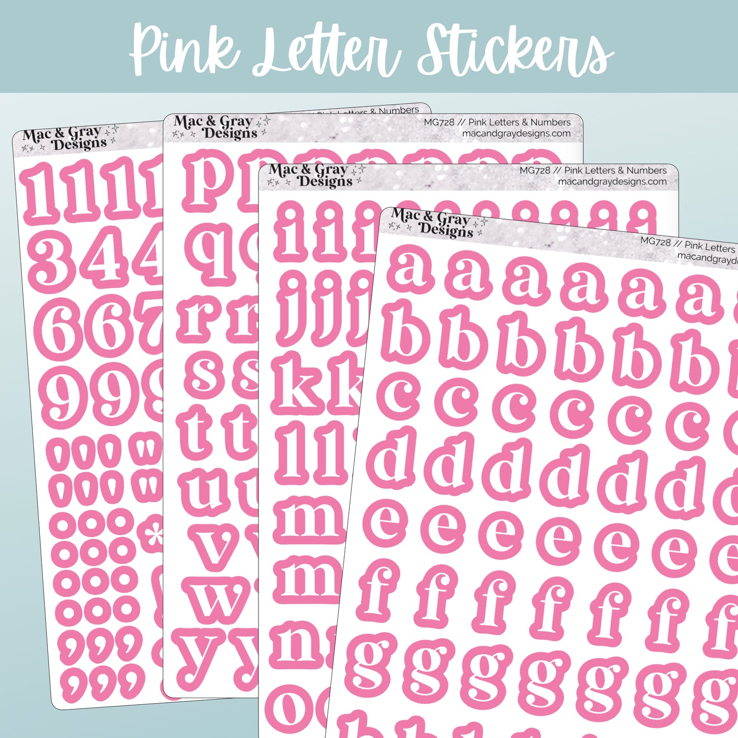 Pink letter stickers from Mac & Gray Designs on a light teal background.