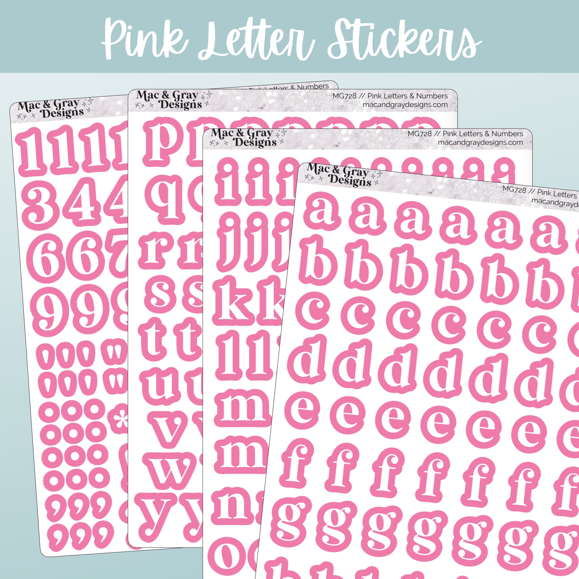 Pink letter stickers from Mac & Gray Designs on a light teal background.