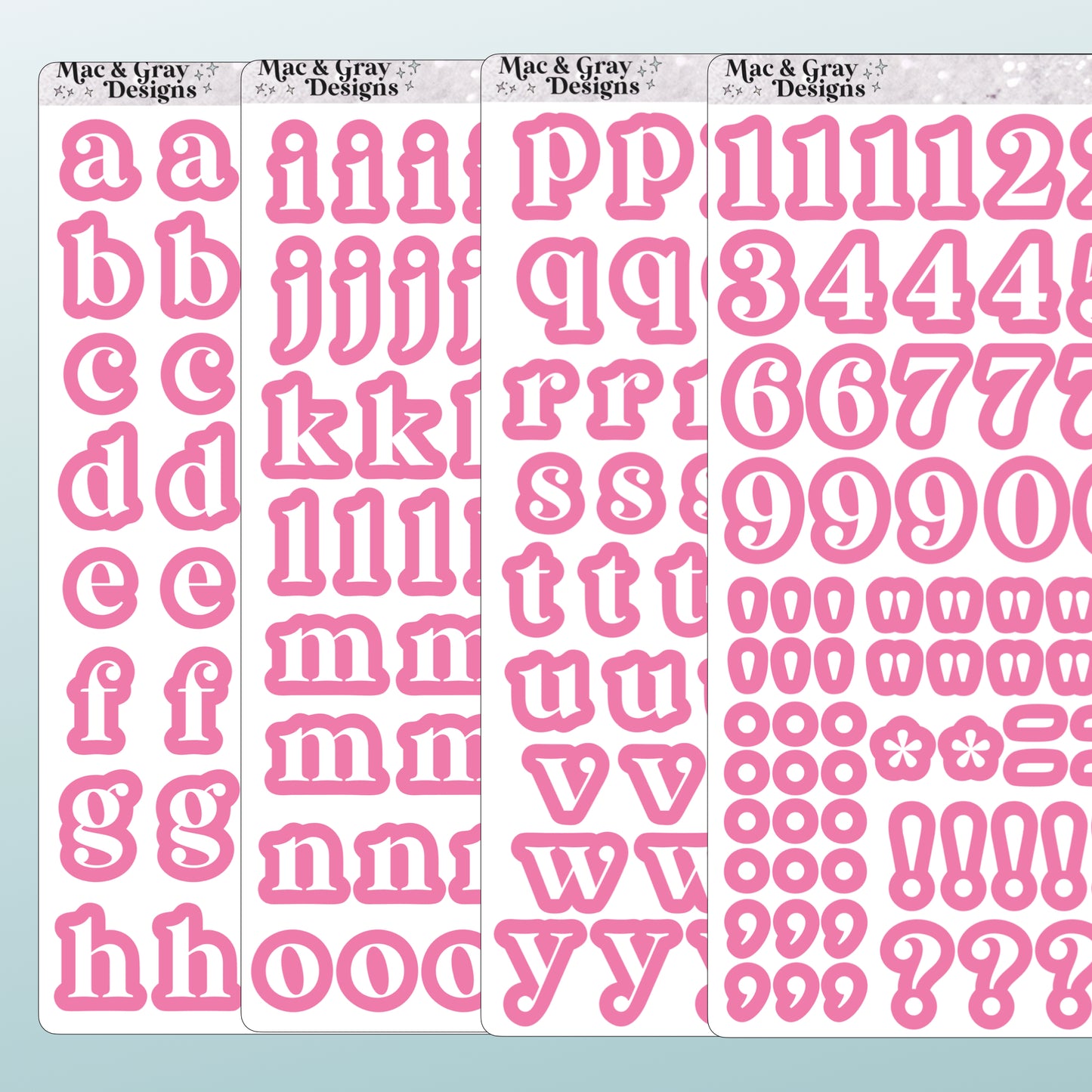 Set of pink letter and number stickers by Mac & Gray Designs on a light teal background.