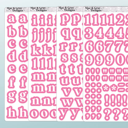 Set of pink letter and number stickers by Mac & Gray Designs on a light teal background.