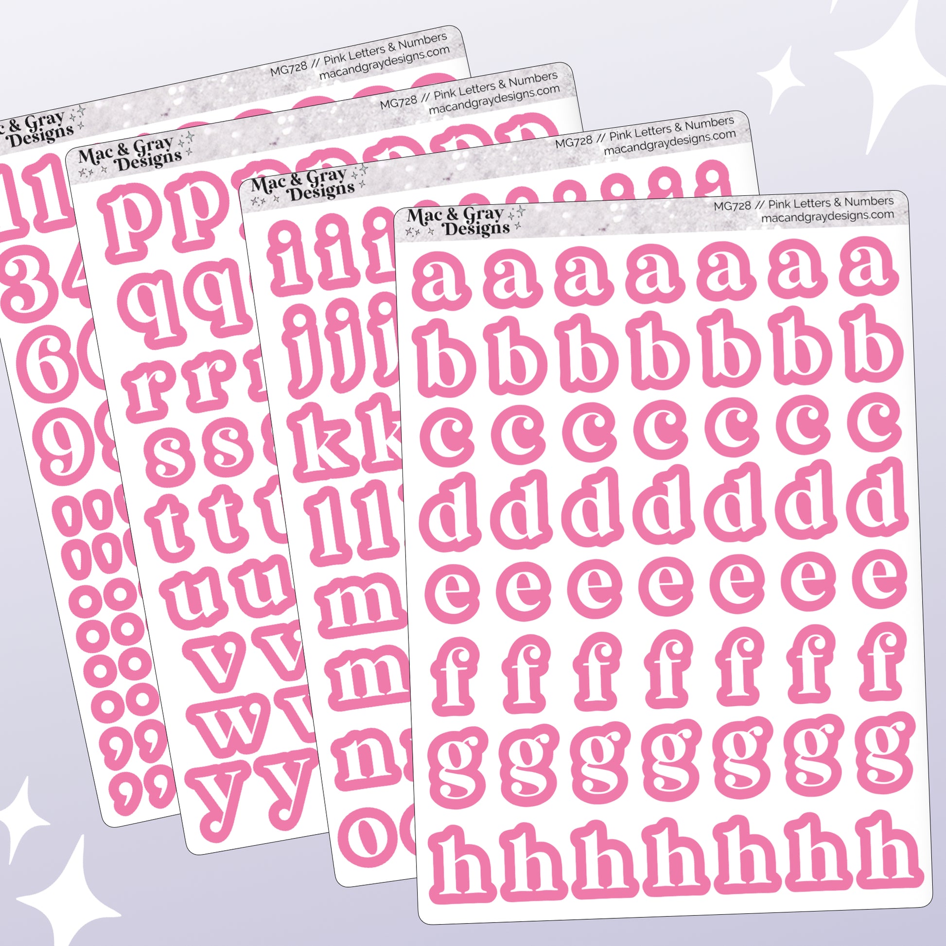 Pink letter and number stickers by Mac & Gray Designs on a light purple background.