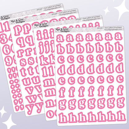 Pink letter and number stickers by Mac & Gray Designs on a light purple background.