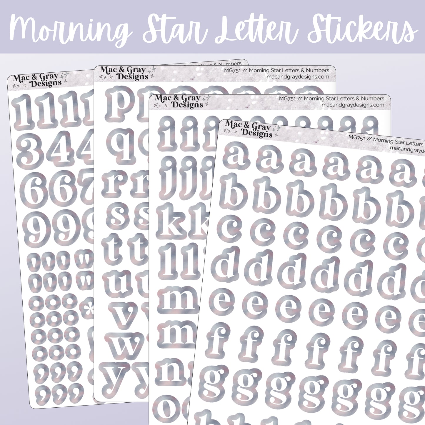 A mockup of four journalling sticker sheets containing letters and numbers. Each letter or number is white, surrounded by a light celestial style print. Each sticker is individually cut around the character.