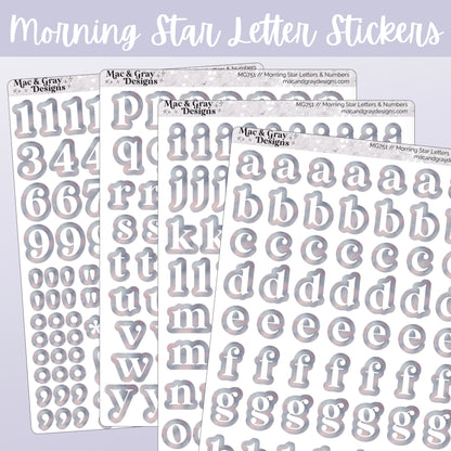 A mockup of four journalling sticker sheets containing letters and numbers. Each letter or number is white, surrounded by a light celestial style print. Each sticker is individually cut around the character.