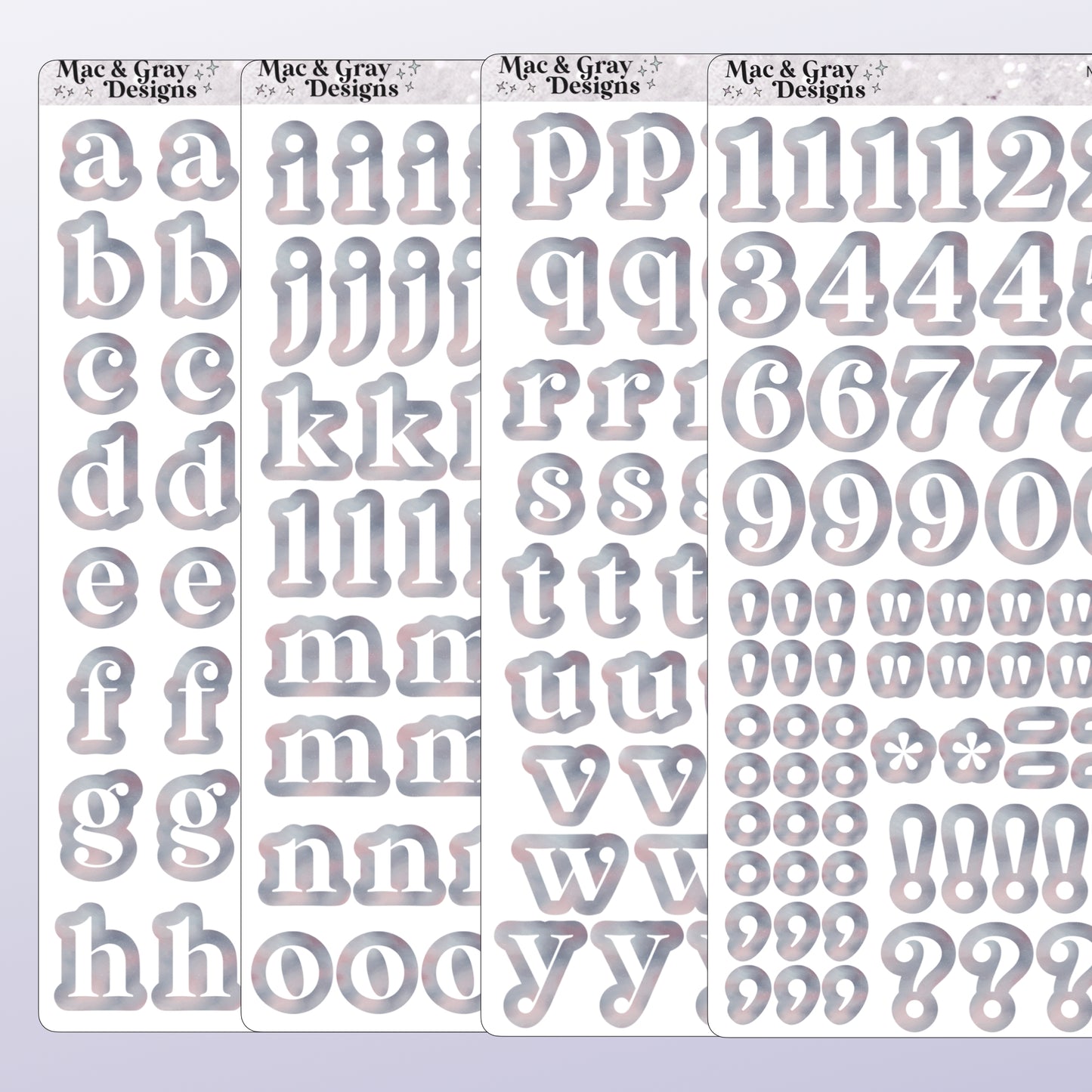A mockup of four journalling sticker sheets containing letters and numbers. Each letter or number is white, surrounded by a light celestial style print. Each sticker is individually cut around the character.