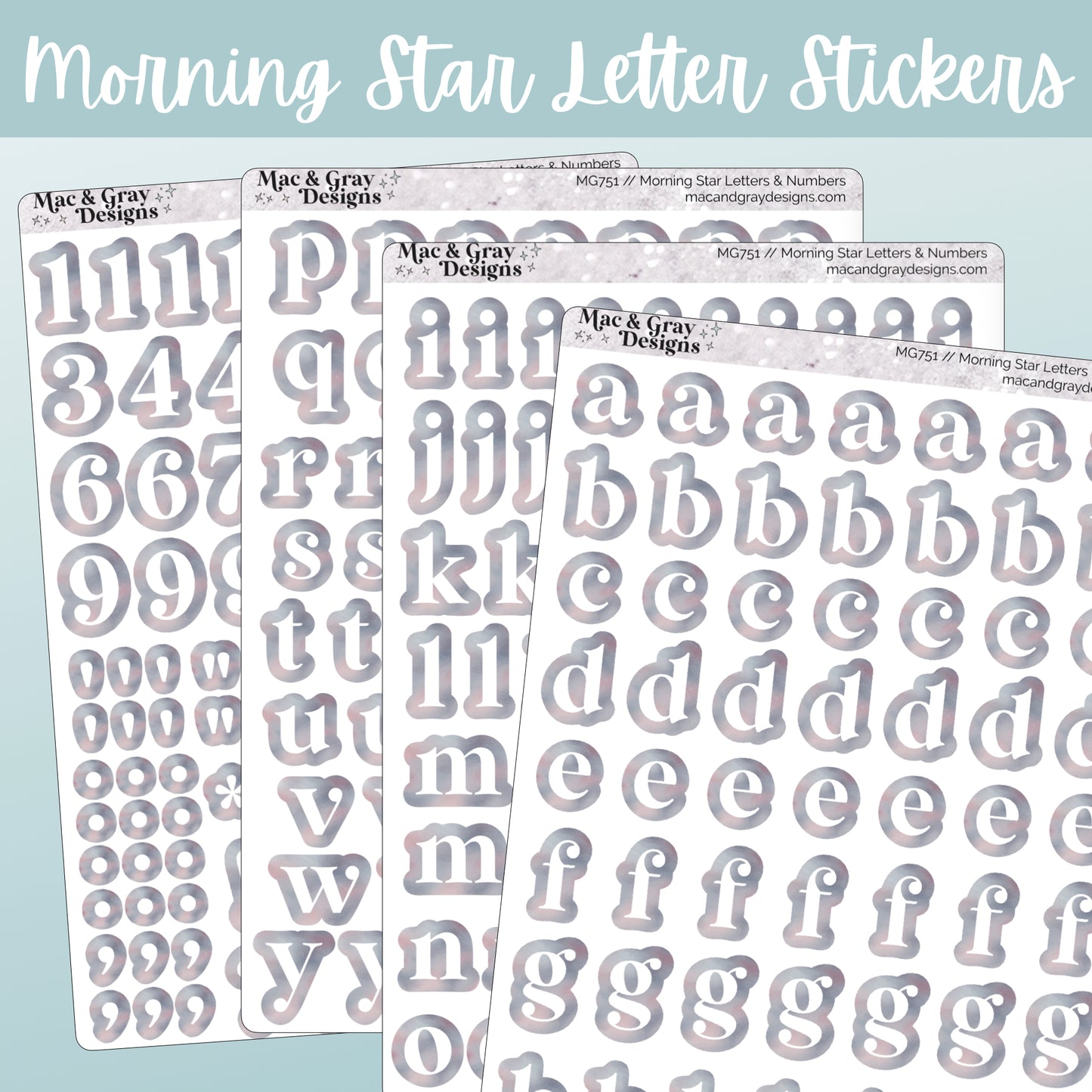 A mockup of four journalling sticker sheets containing letters and numbers. Each letter or number is white, surrounded by a light celestial style print. Each sticker is individually cut around the character.