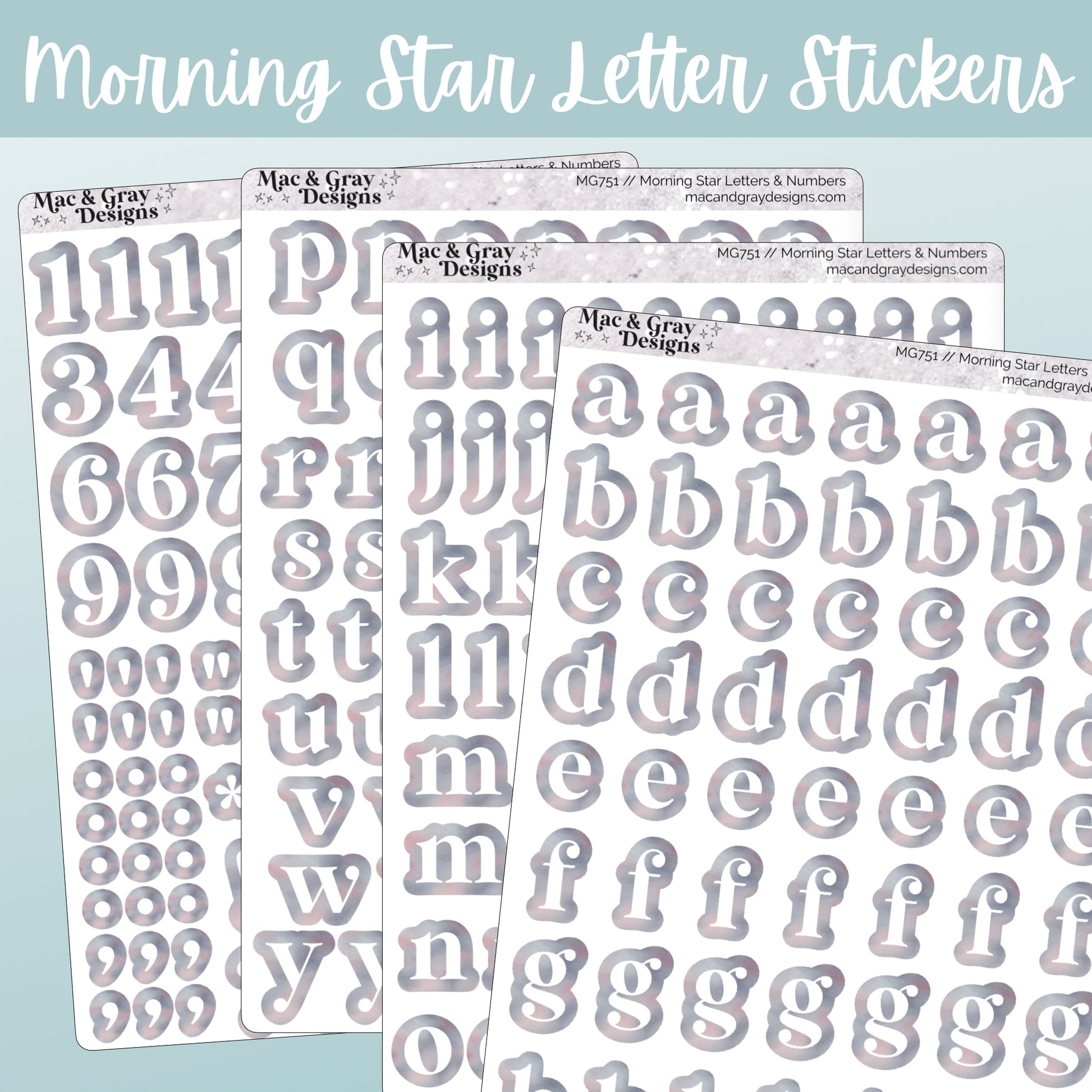 A mockup of four journalling sticker sheets containing letters and numbers. Each letter or number is white, surrounded by a light celestial style print. Each sticker is individually cut around the character.