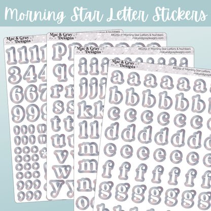 A mockup of four journalling sticker sheets containing letters and numbers. Each letter or number is white, surrounded by a light celestial style print. Each sticker is individually cut around the character.