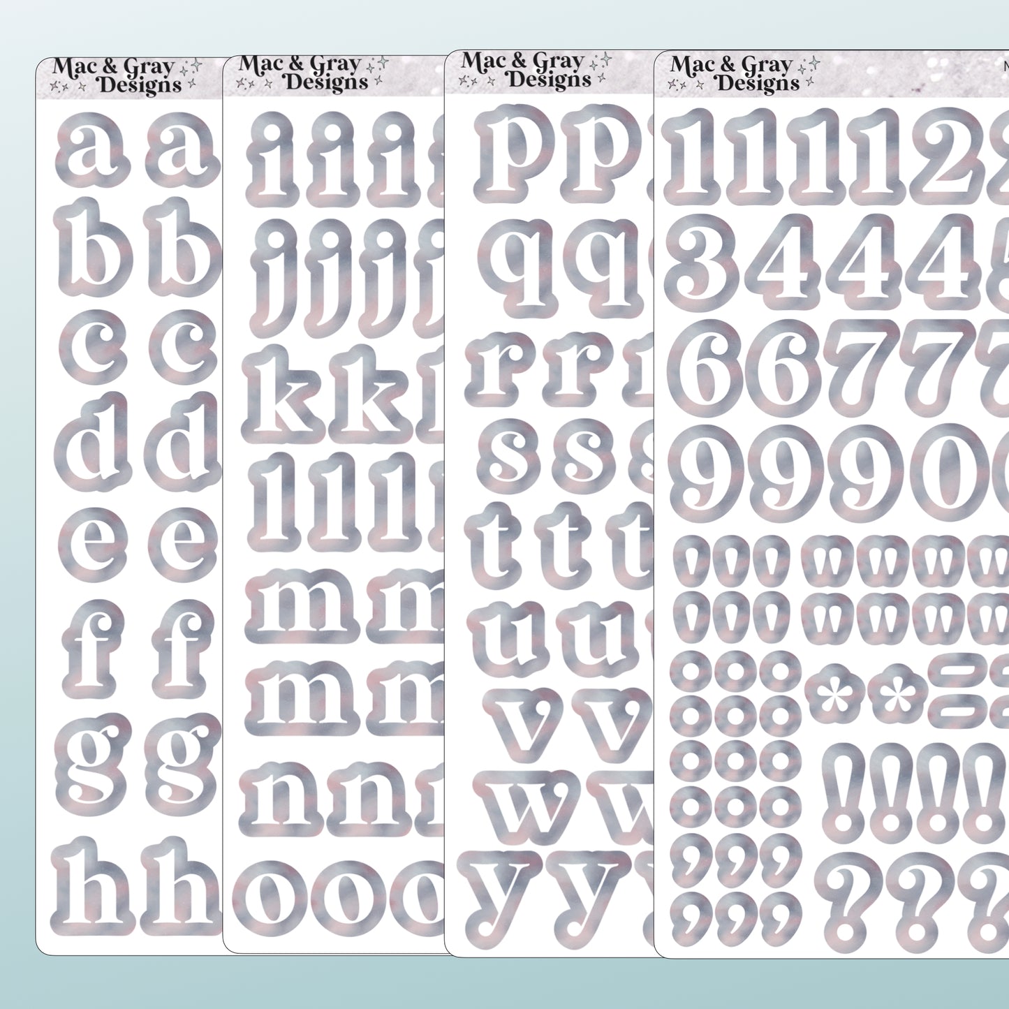 A mockup of four journalling sticker sheets containing letters and numbers. Each letter or number is white, surrounded by a light celestial style print. Each sticker is individually cut around the character.