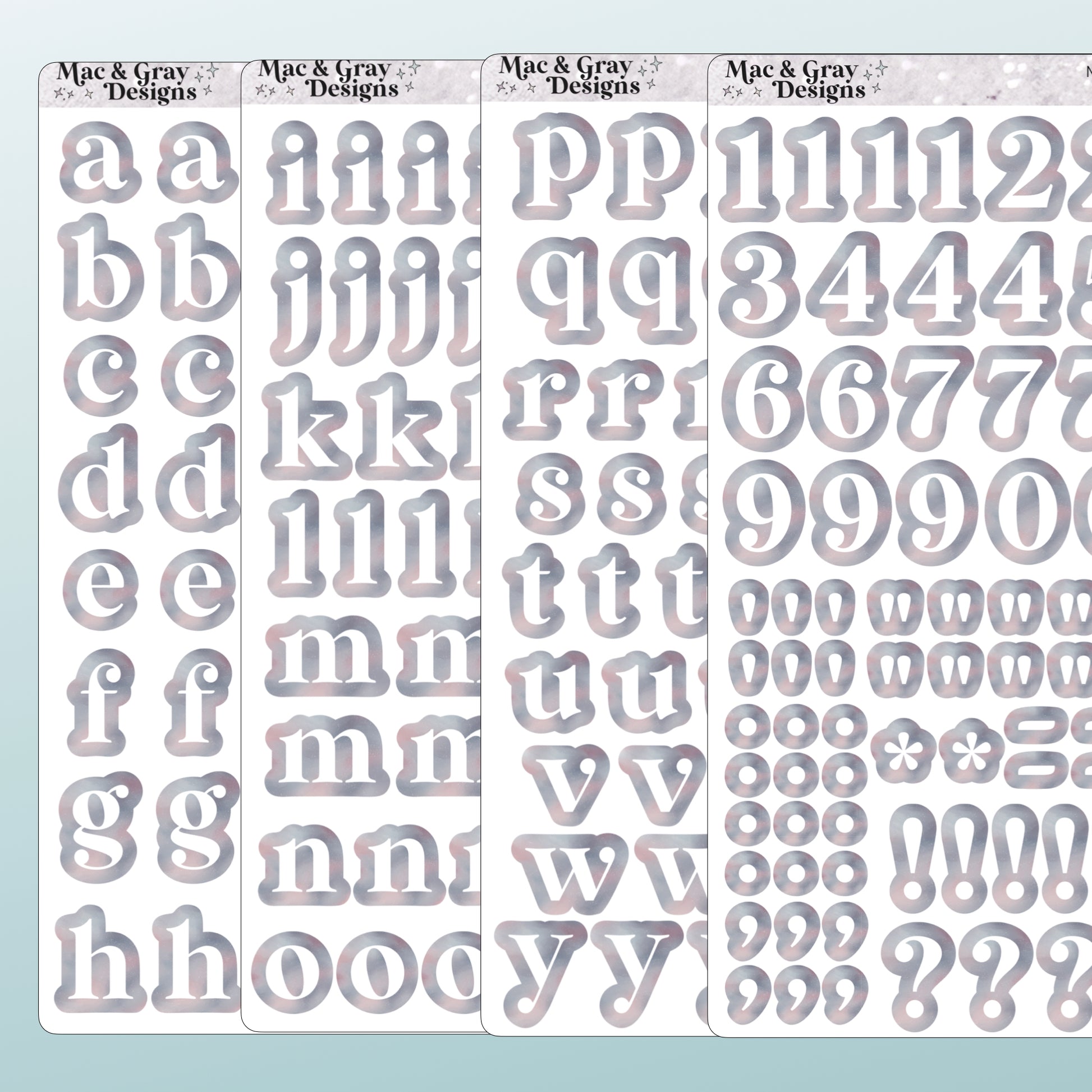 A mockup of four journalling sticker sheets containing letters and numbers. Each letter or number is white, surrounded by a light celestial style print. Each sticker is individually cut around the character.