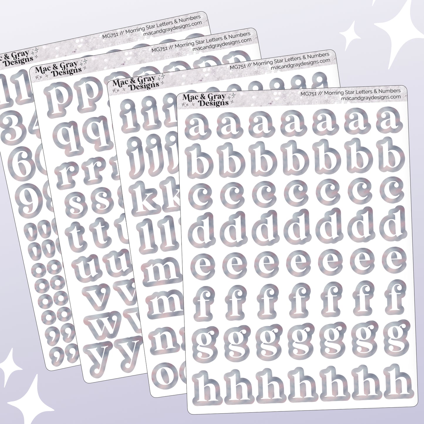 A mockup of four journalling sticker sheets containing letters and numbers. Each letter or number is white, surrounded by a light celestial style print. Each sticker is individually cut around the character.