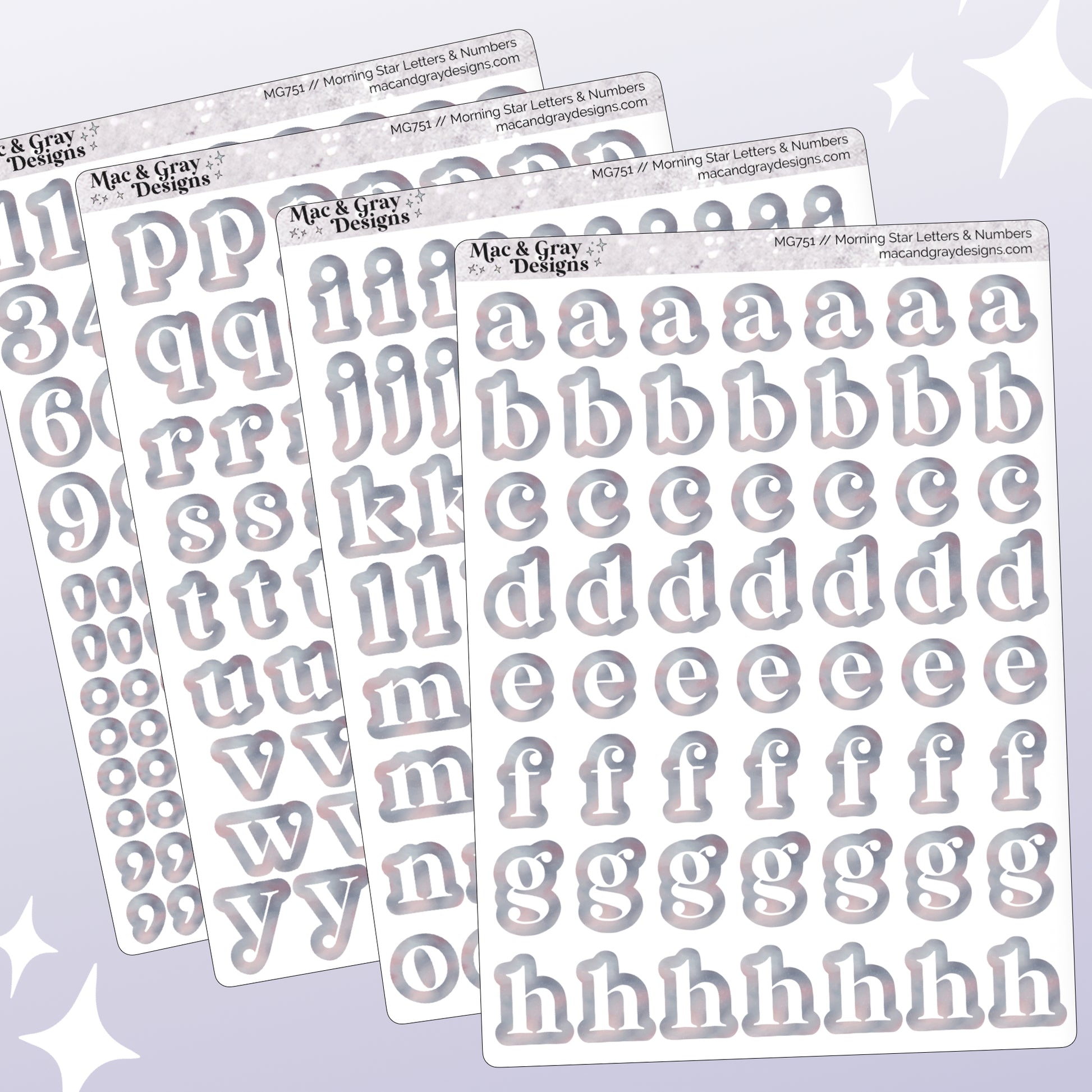 A mockup of four journalling sticker sheets containing letters and numbers. Each letter or number is white, surrounded by a light celestial style print. Each sticker is individually cut around the character.