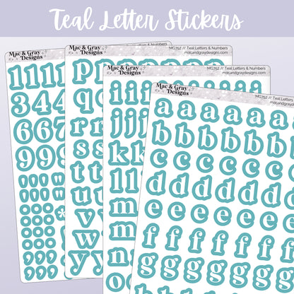 Four sticker sheets by Mac & Gray Designs. Each sheet contains kiss cut stickers of letters, numbers and characters in a crisp white, surrounded by a teal border.