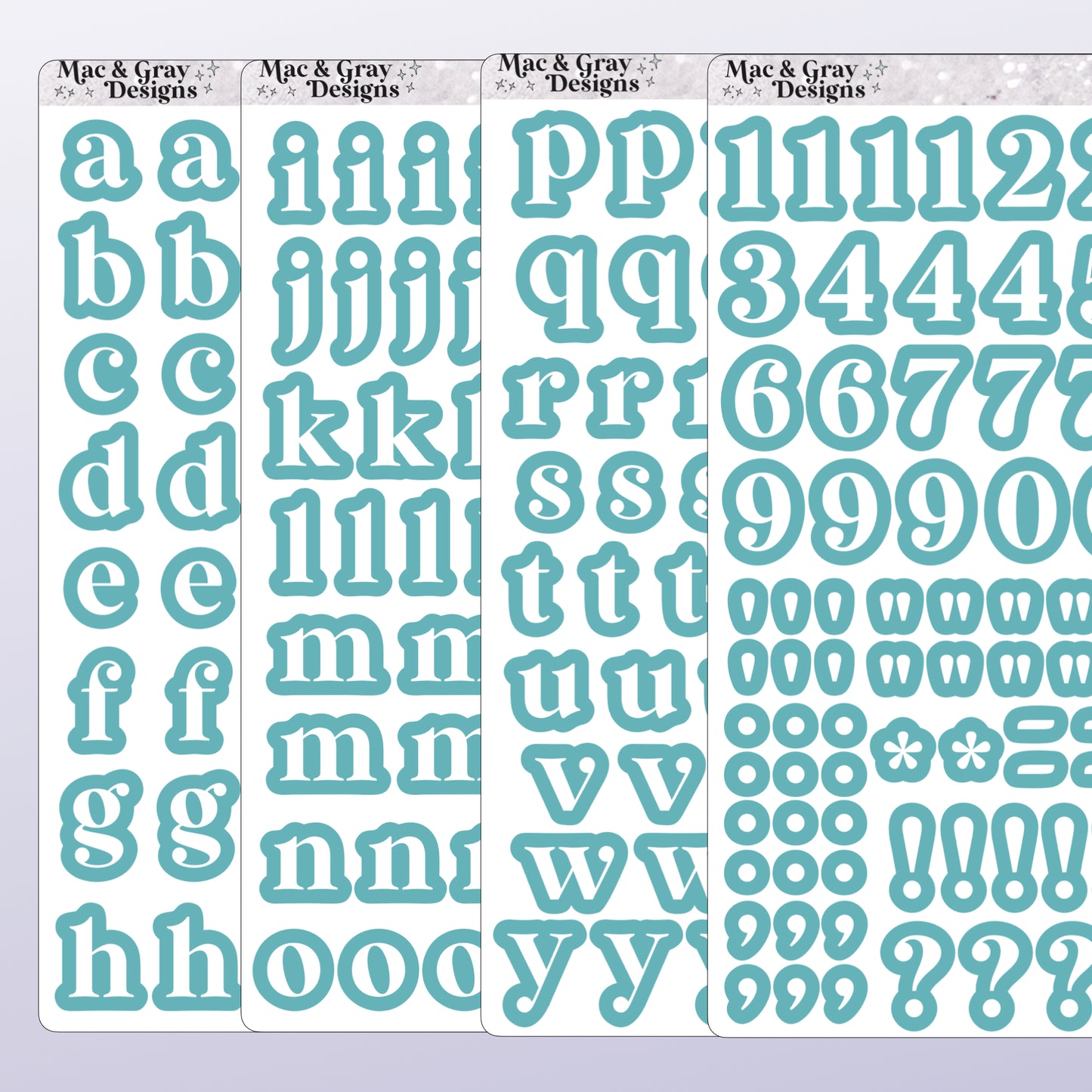 Set of turquoise letter and number stickers by Mac & Gray Designs on a light purple background.