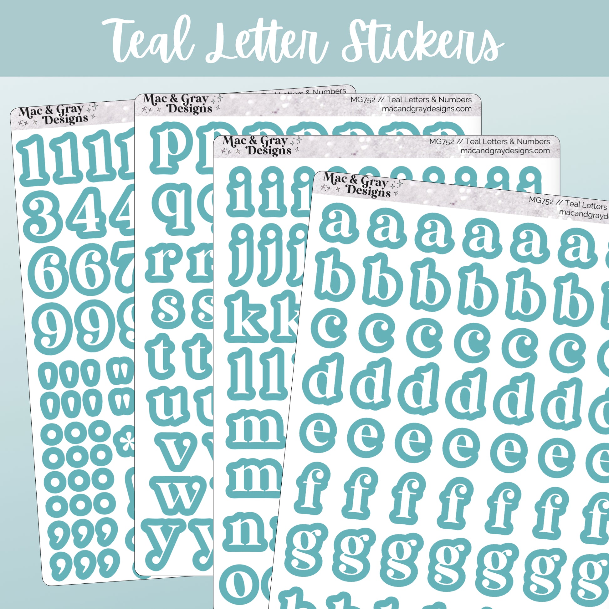 Teal letter stickers from Mac & Gray Designs on a light teal background