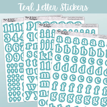 Teal letter stickers from Mac & Gray Designs on a light teal background