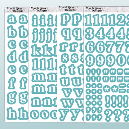 Four sticker sheets by Mac & Gray Designs. Each sheet contains kiss cut stickers of letters, numbers and characters in a crisp white, surrounded by a teal border.