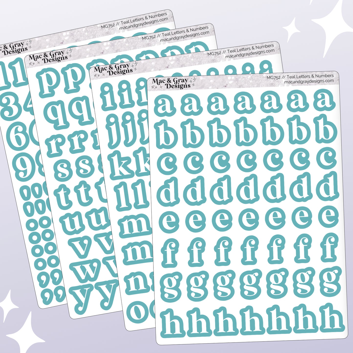 Set of teal letter stickers with 'Mac & Gray Designs' branding on a light purple background.