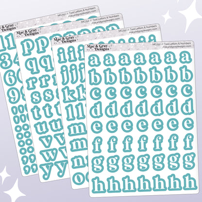 Set of teal letter stickers with 'Mac & Gray Designs' branding on a light purple background.