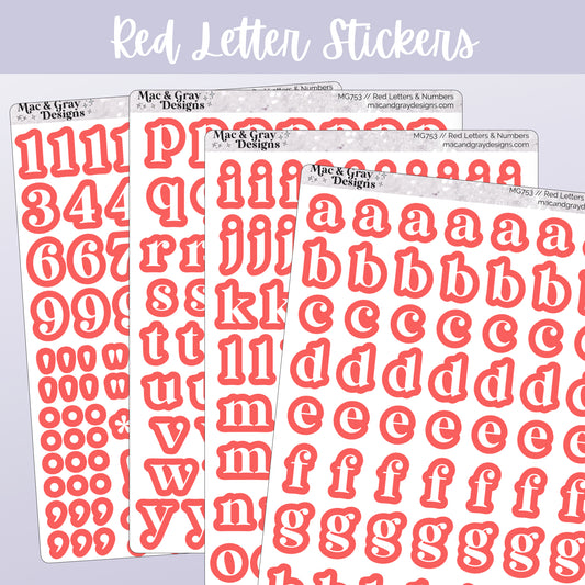 Red letter stickers with 'Mac & Gray Designs' branding on a light purple background.